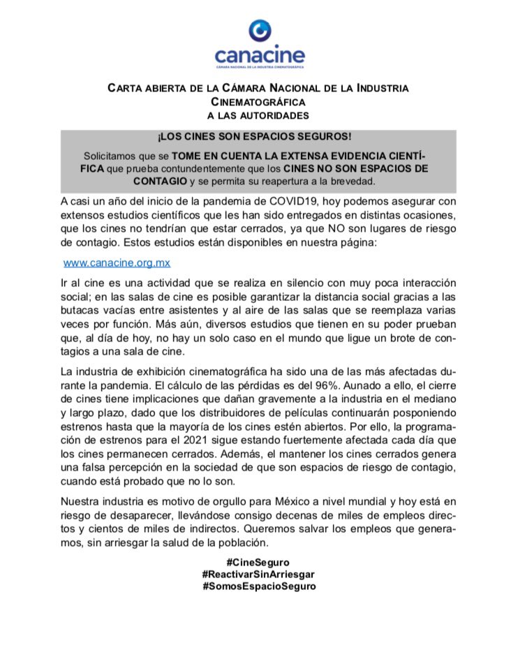 Cines solicitan reapertura a las autoridades sanitarias