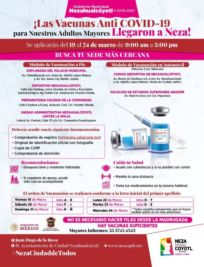 Fecha de vacunación de acuerdo a la primera letra del apellidoConoce los módulos y detalles de vacunación COVID-19 en Neza