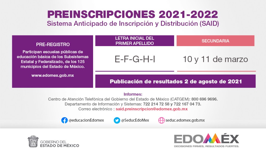 preinscripciones secundaria 2021 estado de méxico para las letras e f g h i y las fechas para realziar este tramite de acuerdo a la secretaria de educación del estado de méxico