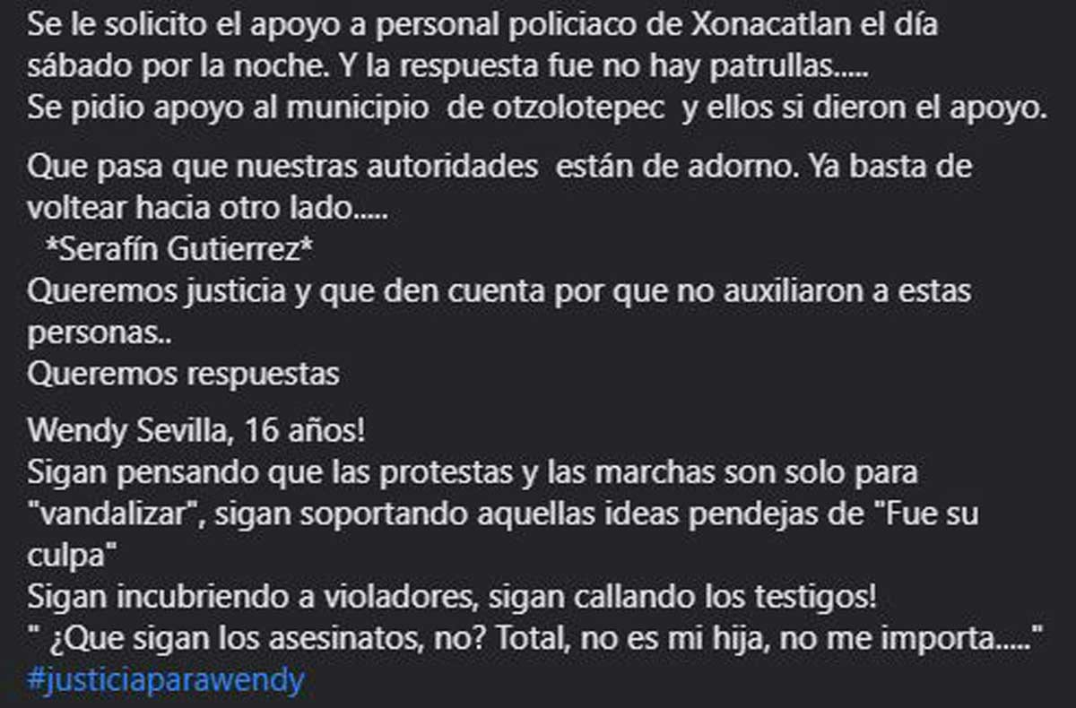 Xonacatlán captura de pantalla de denuncia que autoridades no hicieron nada.