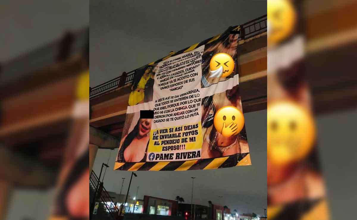 Mujer exhibe con mega manta a amante de su esposo.