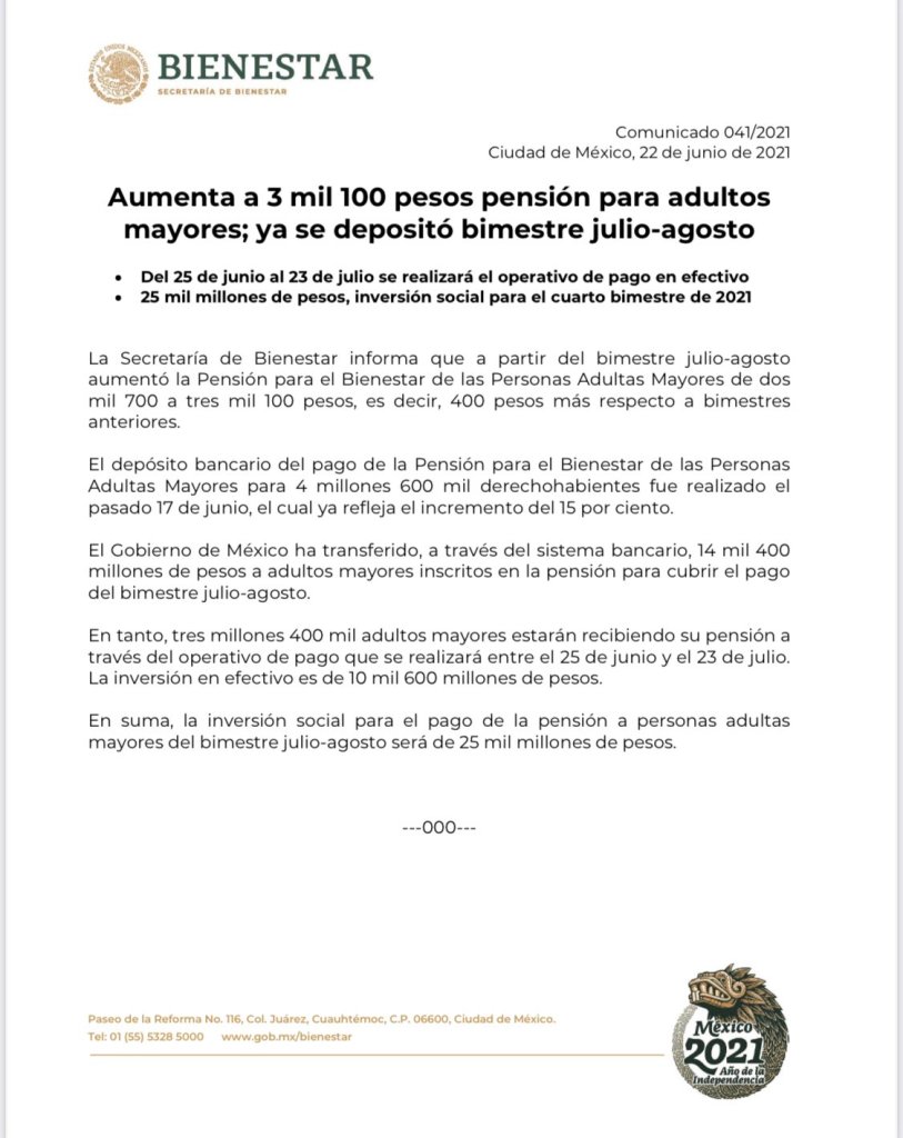 Pensión bienestar 2021 el nuevo aumento y el registro para este apoyo