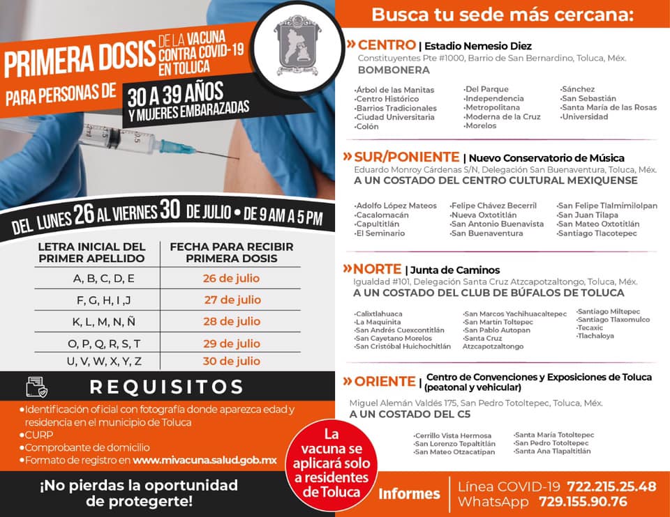 sedes y fechas para recibir primera dosis de vacuna para personas de 30 a 39 años