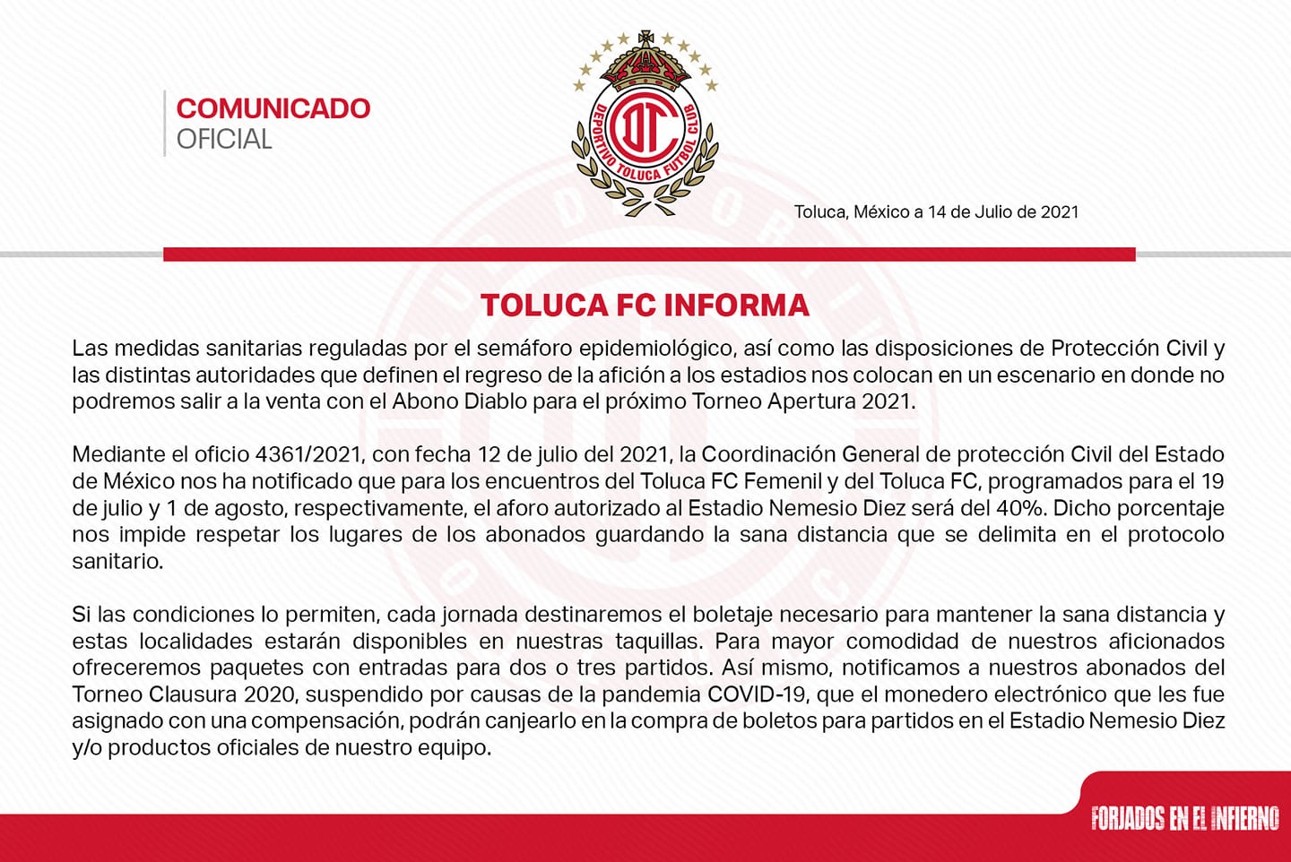 Toluca FC anuncia el porcentaje de aficionados que ingresarán al infierno
