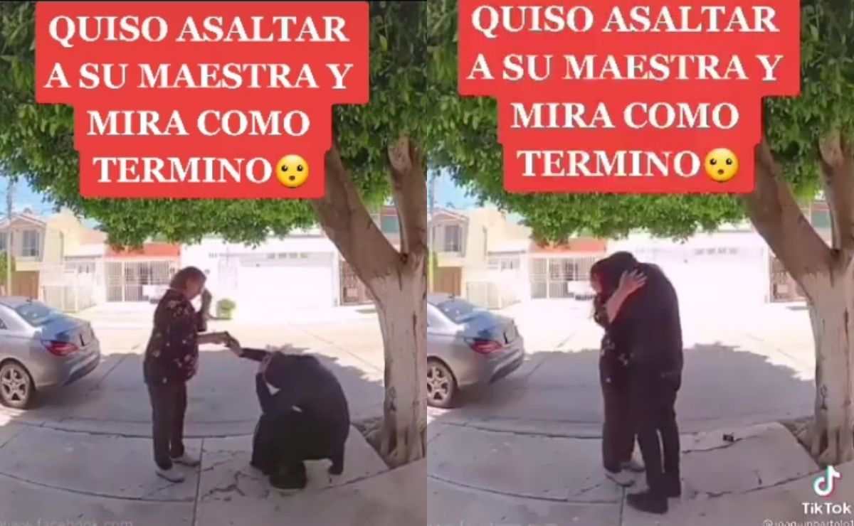 En la grabación se observa a la mujer intentando abrir la puerta de su domicilio, momento en el que un joven aparece con la intención de robarle.